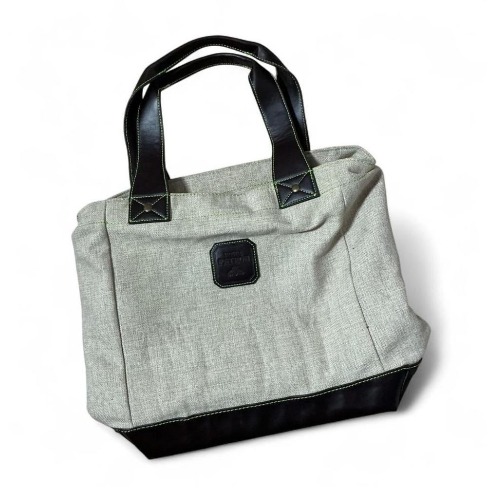 Patron Tequila Canvas Tote Bag‎ Brown Leather Trim Lime Green Stitching